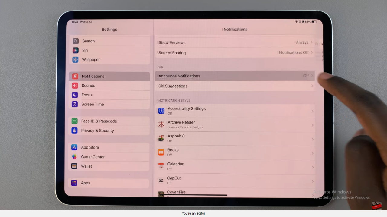 Allow Siri To Announce Notifications On iPad