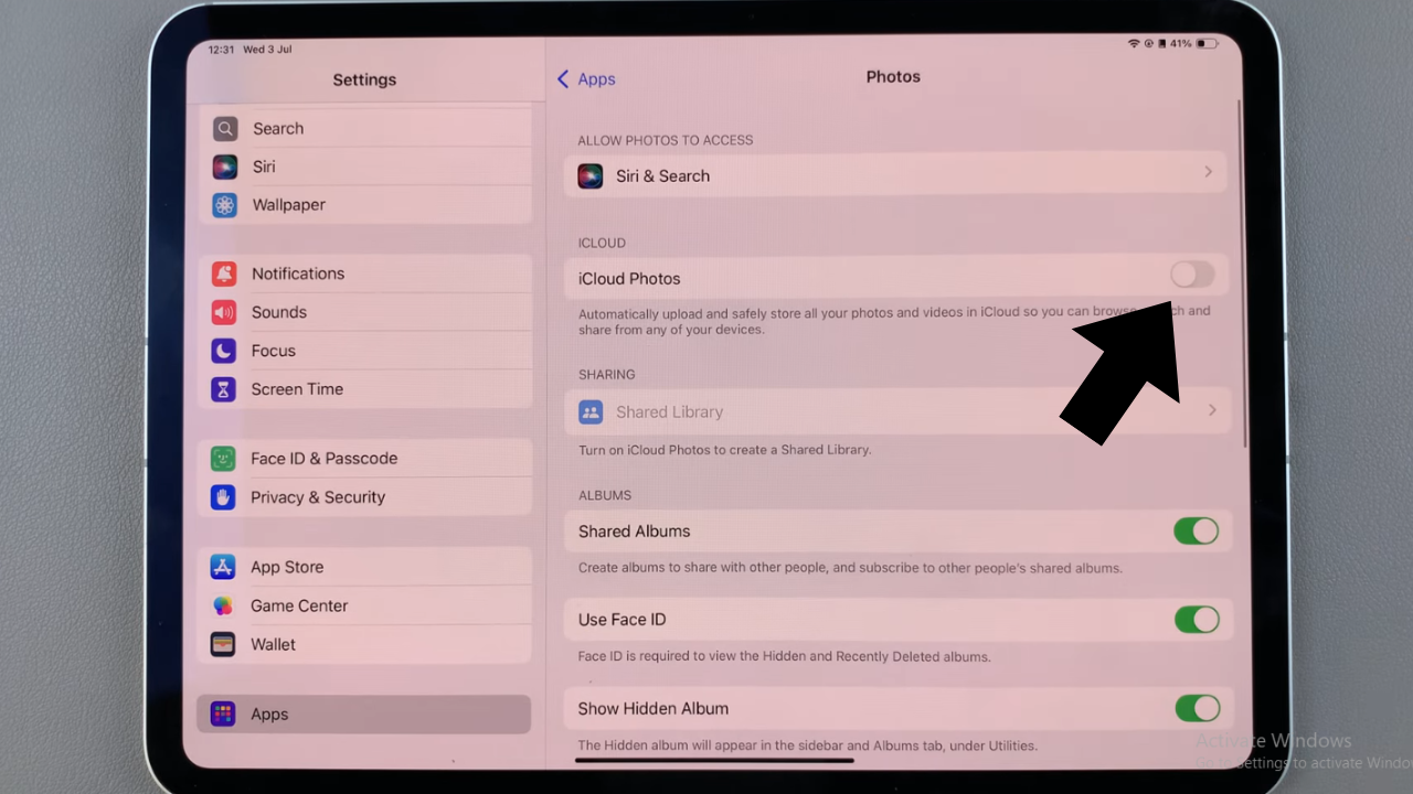 Turning on iCloud Photos On An Ipad