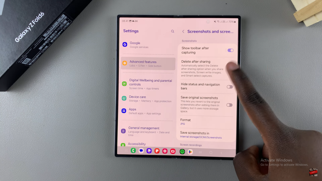  Enable / Disable 'Delete Screenshot After Sharing' From Tollbar On Samsung Galaxy Z Fold 6