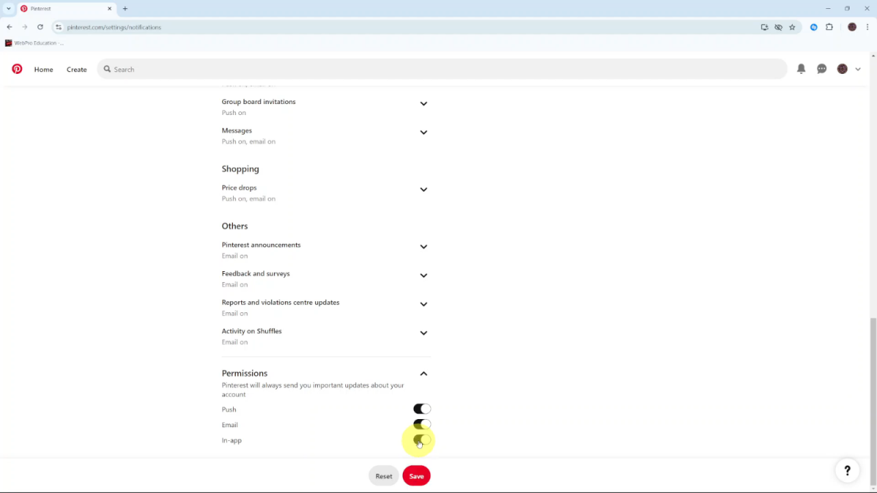 Enable In App Notifications On Pinterest